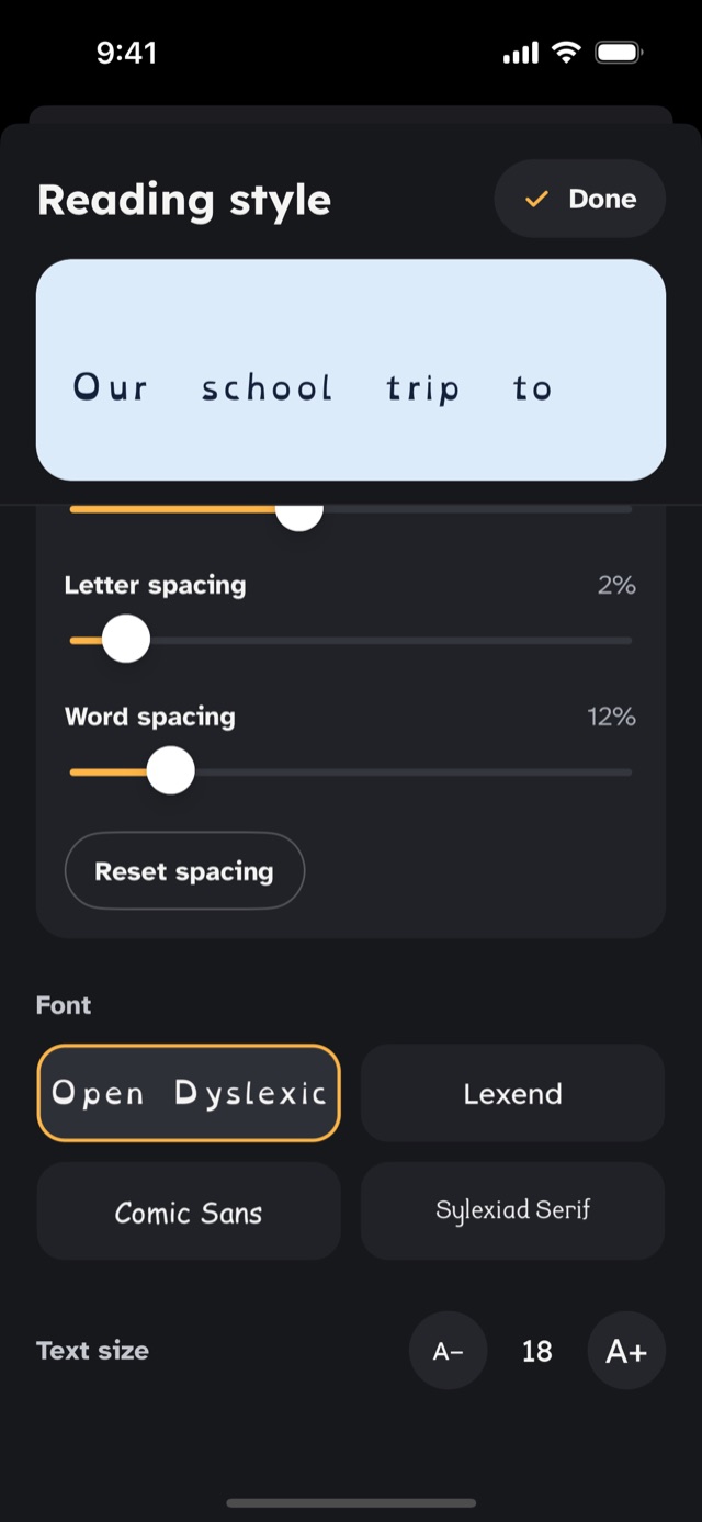 Font settings with OpenDyslexic, Lexend, Comic Sans and Sylexiad
