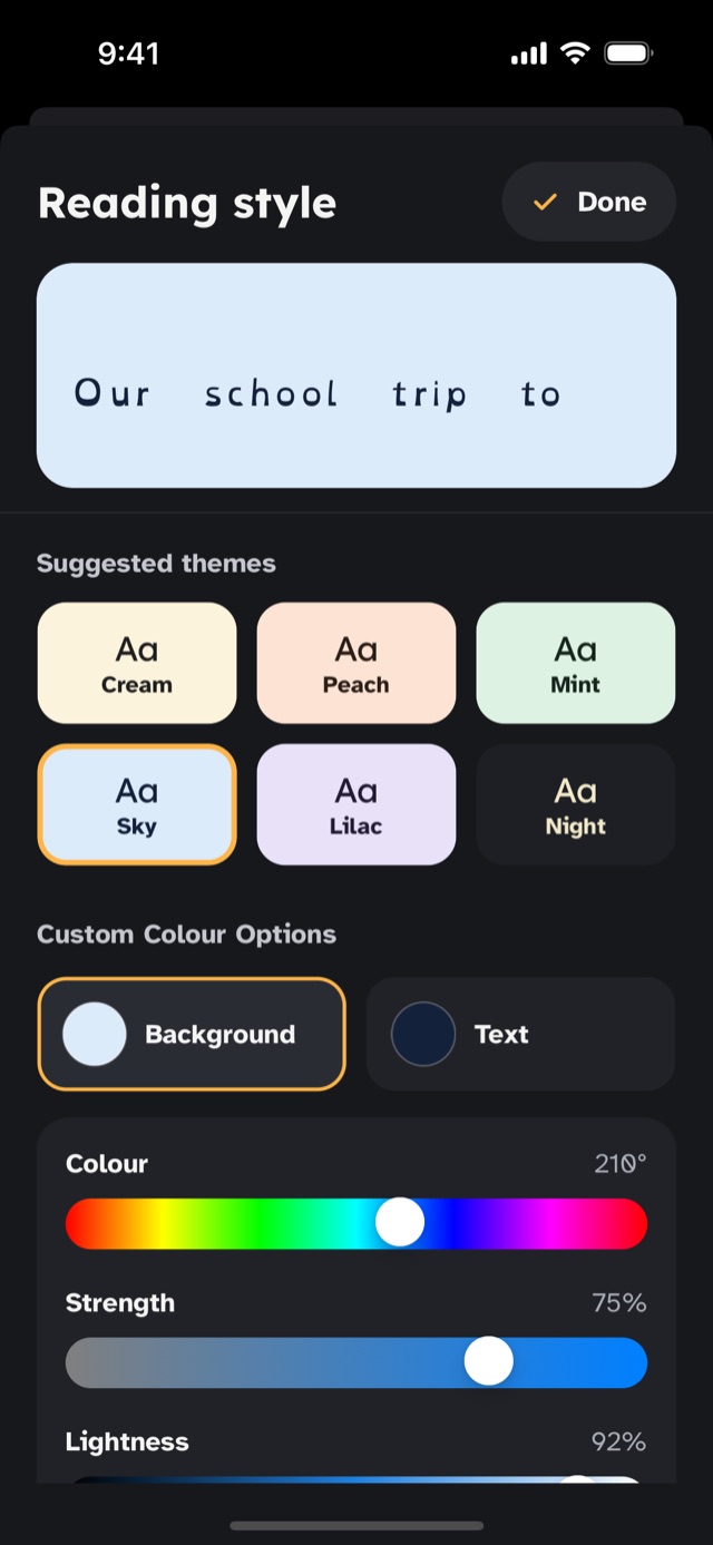 Colour themes: Cream, Peach, Mint, Sky, Lilac and Night